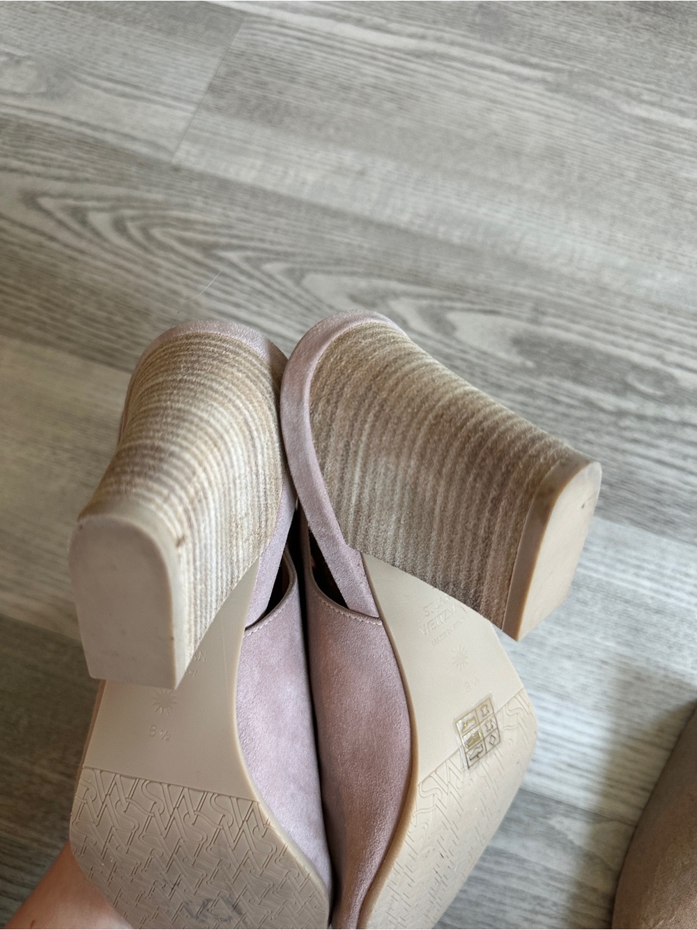 Stuart Weitzman Blush Suede Peep Toe Block Heeled Sandals 8.5 - Picture 11 of 14